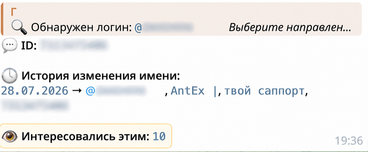 Пример истории Telegram с закрытыми username и ID и показателем интереса